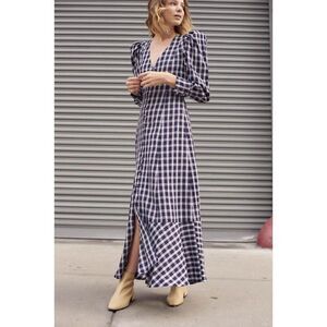 Mr. Larkin navy blue white plaid checkered puff sleeve button down maxi dress